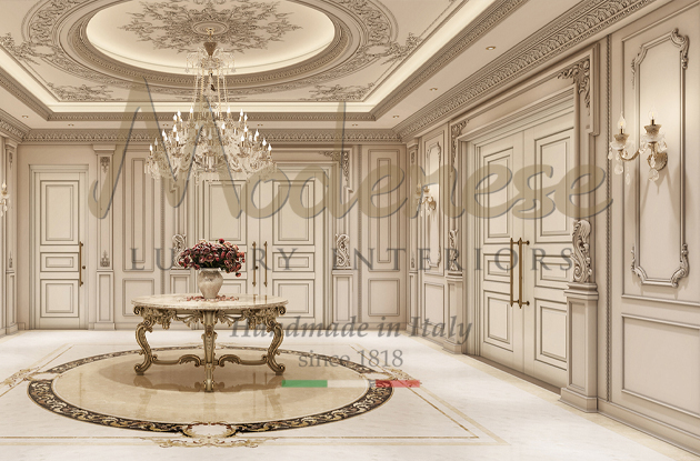 White classic style Modenese room with round table on round marble floor design chandelier and ceiling decoration