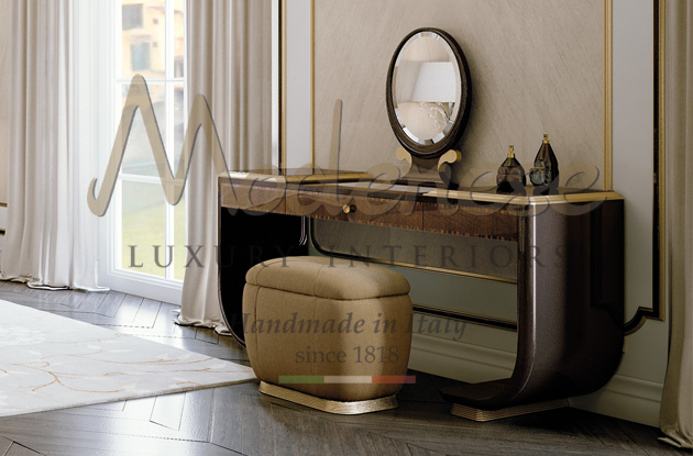 Contemporary brown and cream Modenese vanity with elegant pouf and gold leaf details