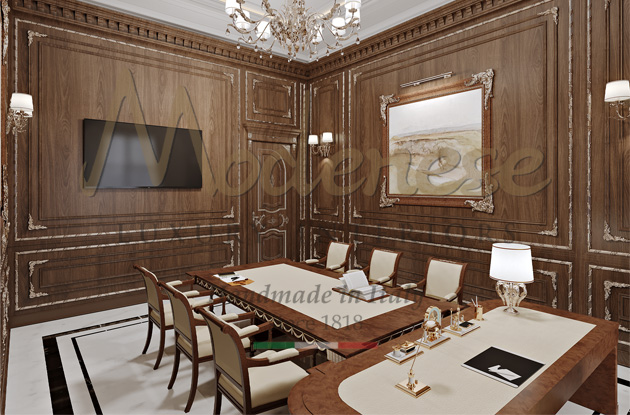 Walnut office with a desk and a writing desk with light cream leather top and matching chairs handmade by Modenese Interiors