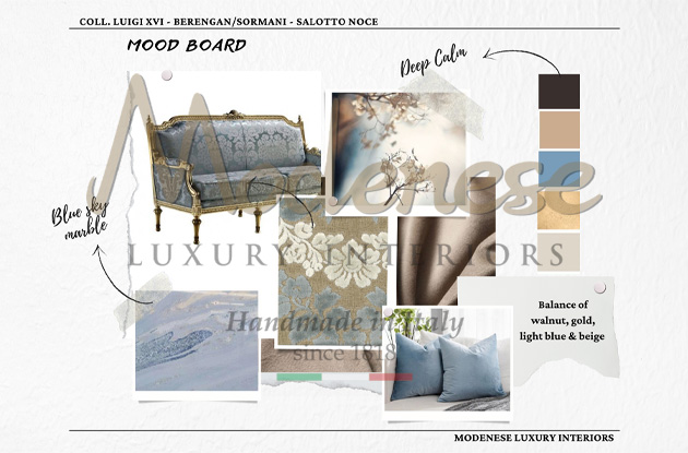 Residential moodboard with fabrics color choices and Modenese furniture selection