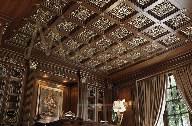 Walnut ceiling with gold decoration by Modenese Luxury Interiors