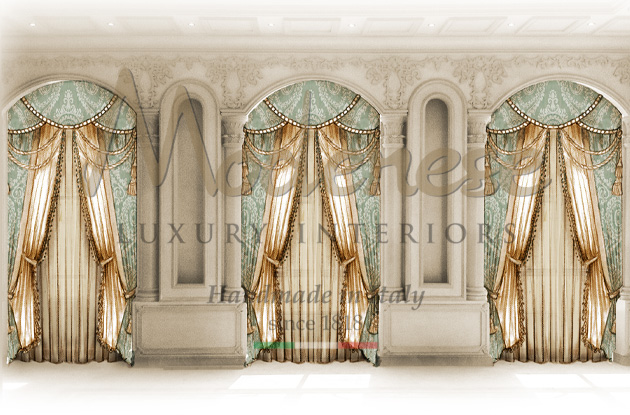 Luxury curtain sketch with turquoise and cream fabrics by Modenese