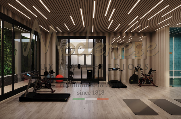 Luxury Modenese contemporary gym project in black and light-colored wood combination