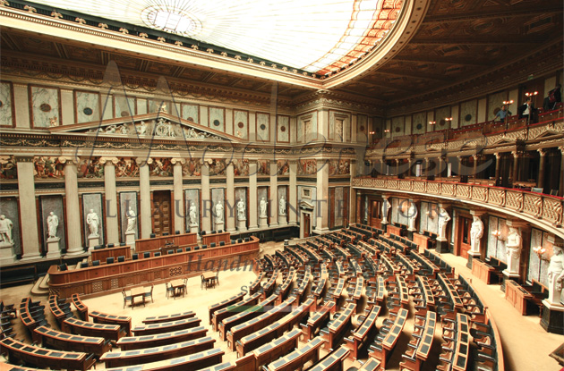 Modenese interior design of a classic walnut parliamentary room