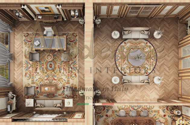 Room with Modenese Interiors furniture seen from above with handmade carpets