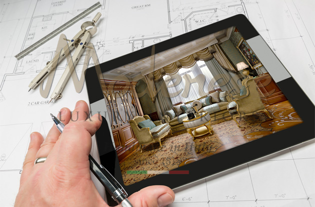 Designer showing a Modenese 3D render visualization of an interior design project on an iPad