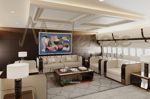 Contemporary Modenese furniture with white fabric for the Modenese interior design project of a private jet