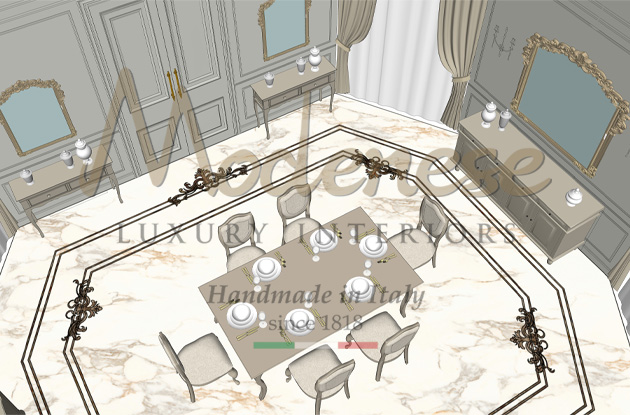 Modenese 3D drawing of an interior design project with 3D models of furniture placed on the virtual room