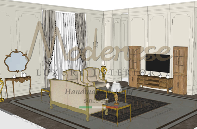 3D render visualization of Modenese luxury interior design project with dining room furniture