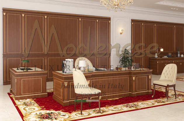 Walnut and gold leaf details for desk and white leather chairs on Modenese interior design project of the presidential office