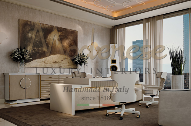 White leather desk and brown swivel armchair in Modenese Interiors private office project