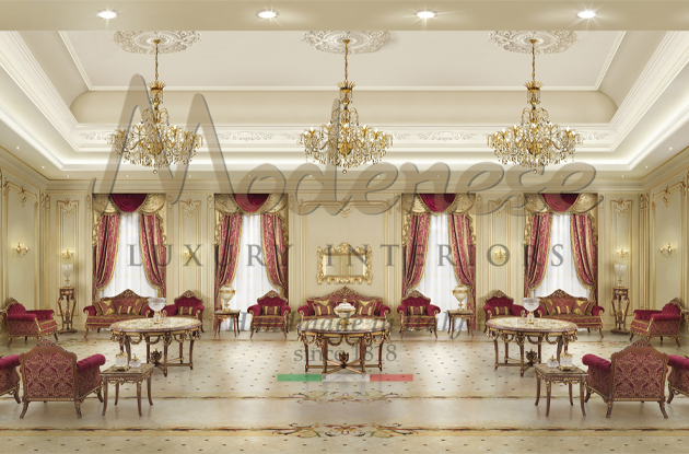 Modenese red fabric living room with sofas armchairs and round tables with marble tops and 3 chandeliers for turnkey interior fit out