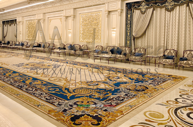 Hand made carpet with blue and gold design Modenese living room