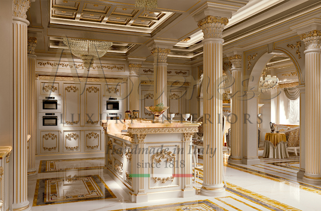 Luxury white and gold bespoke kitchen with onyx top isle and decorated columns Modenese design project