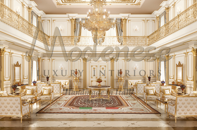 Classic style Modenese living room white and gold upholstered sofas gold leaf round table carpet and chandelier