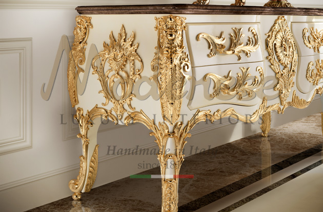 White lacquered classic style sideboard with metallic gold decorative elements drawers and marble top Modenese interiors