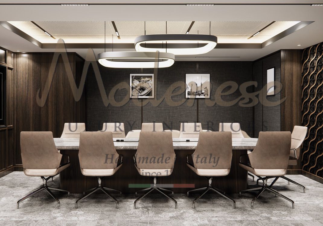 Contemporary private meeting room interior design by Modenese with dark brown walls and beige swivel armchairs