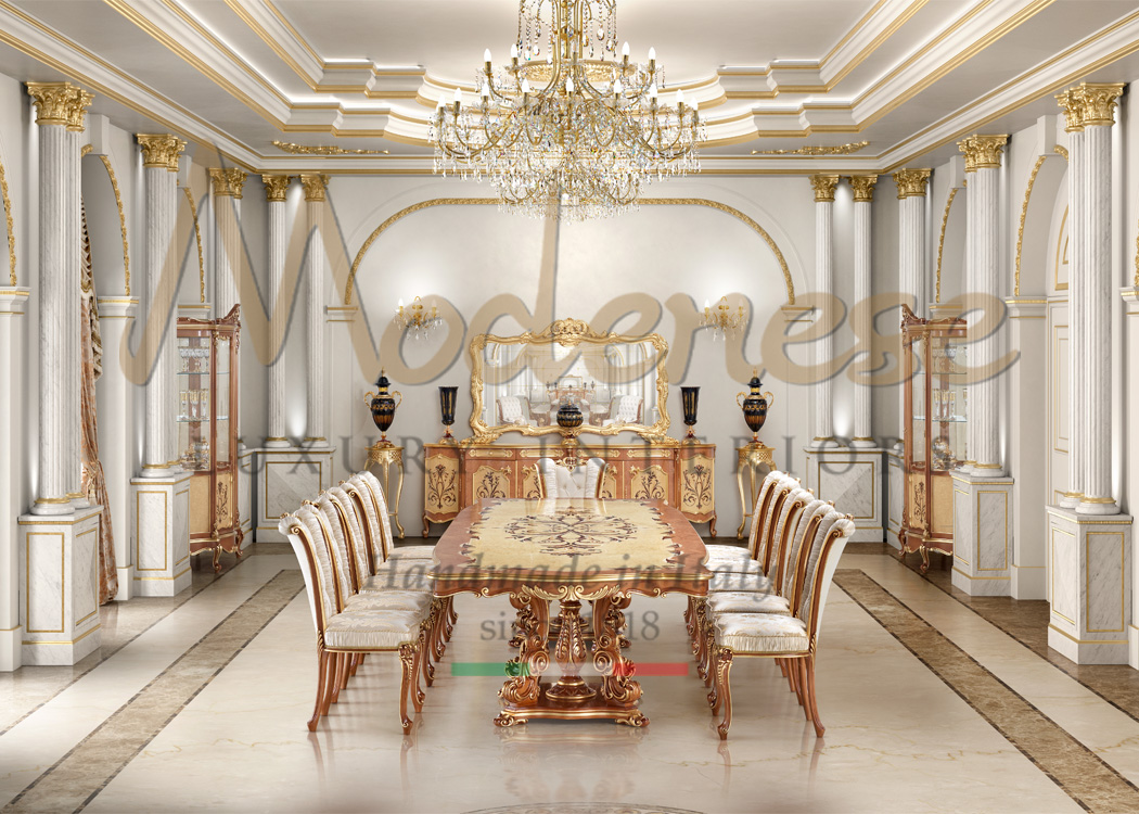 Luxury walnut and white dining room with Modenese inlaid dining table for 10 chairs and matching sideboard