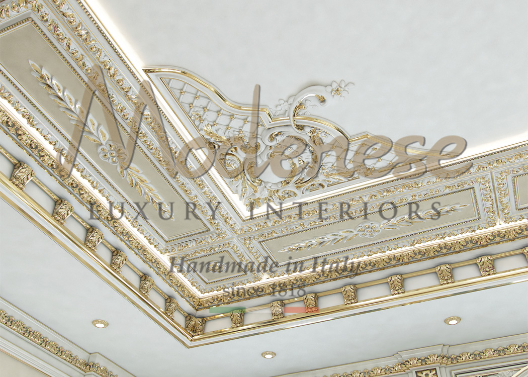 Elegant white ceiling design with gold leaf decoration for luxury Modenese interior design projects