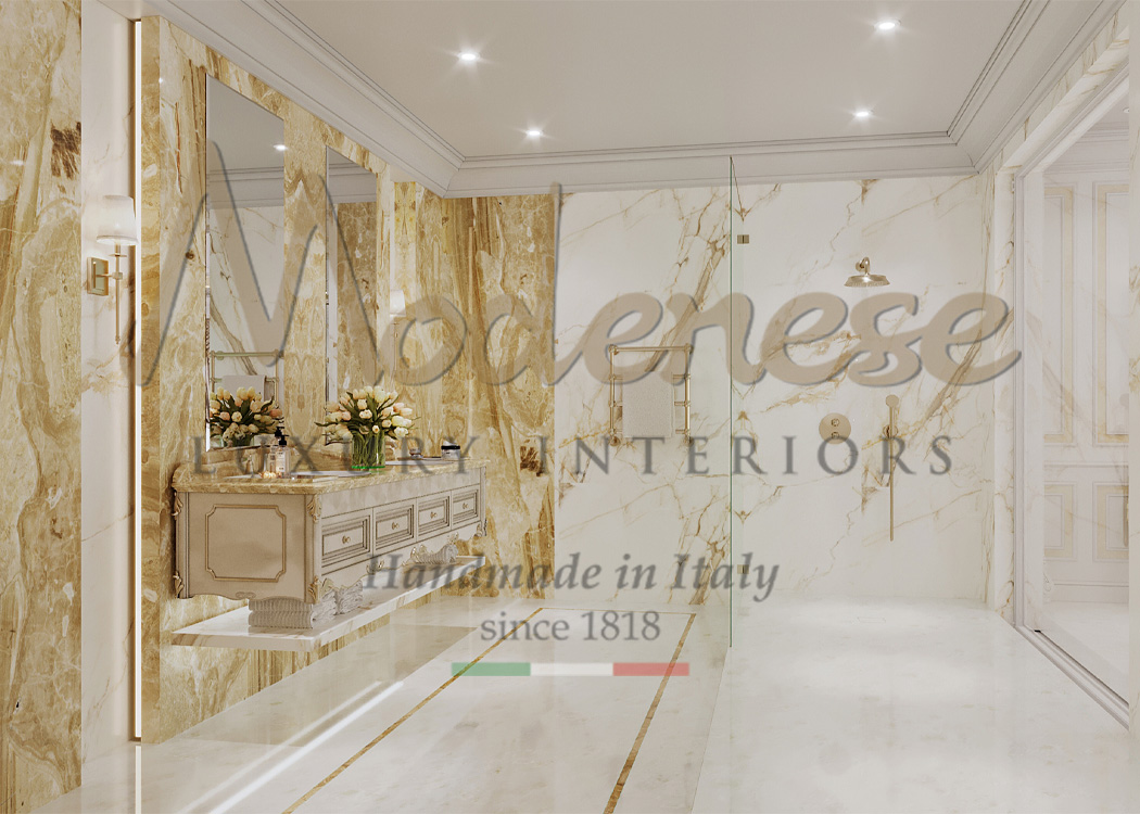 Modenese master bathroom in classic style with cream colored marble on the walls