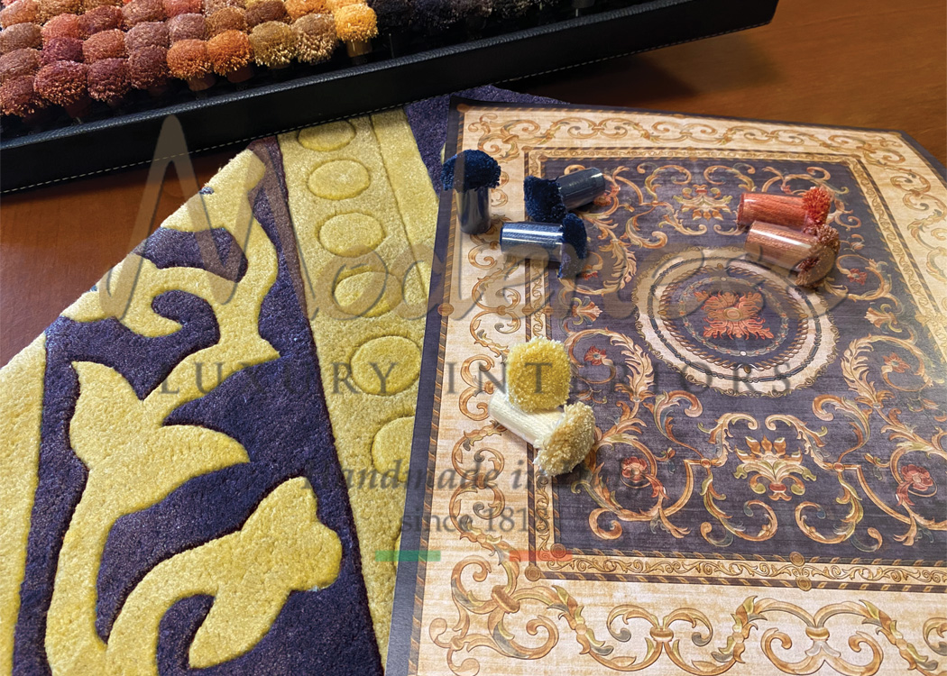 Fabric samples for Modenese hand tufted carpets and rugs and interior design projects