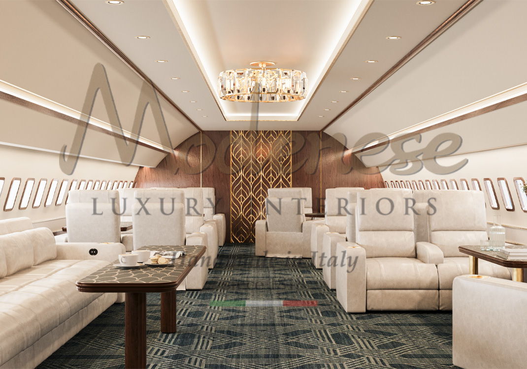 Private jet interior design with white leather armchairs by Modenese Luxury Interiors