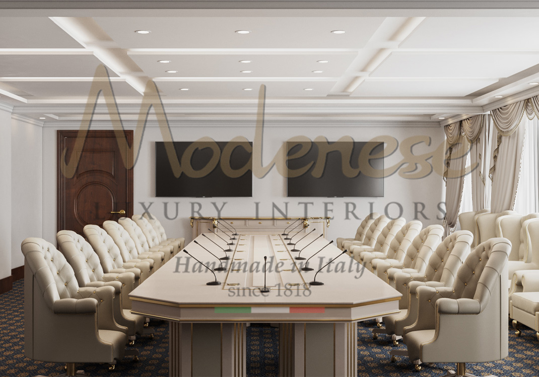 Contemporary Modenese interior design for hotel conference room with white leather swivel armchairs and white meeting table