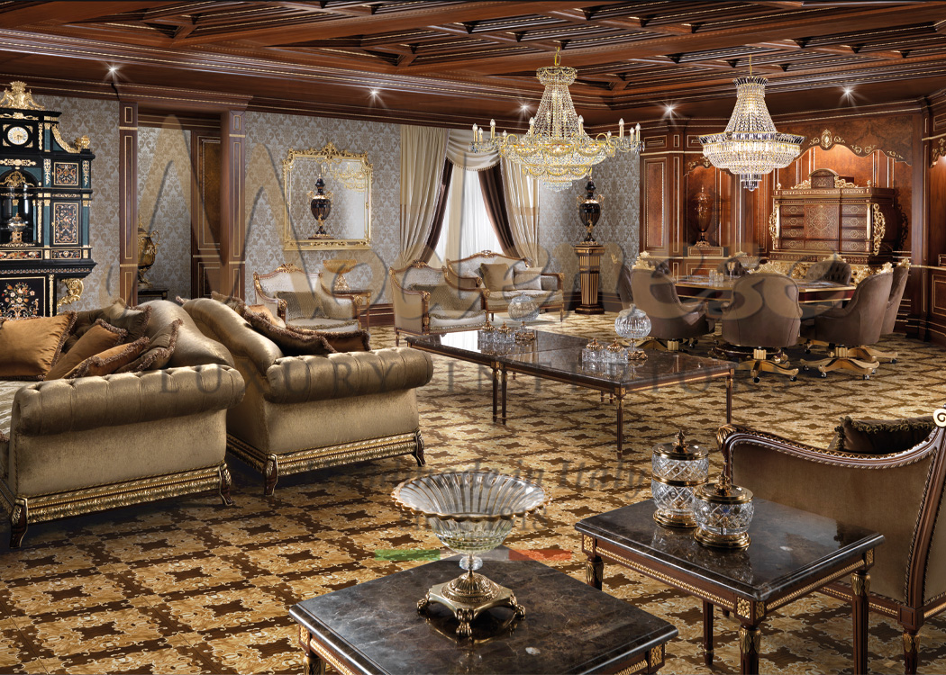 Modenese classic brown and gold luxury furniture marble details and gold leaf decoration