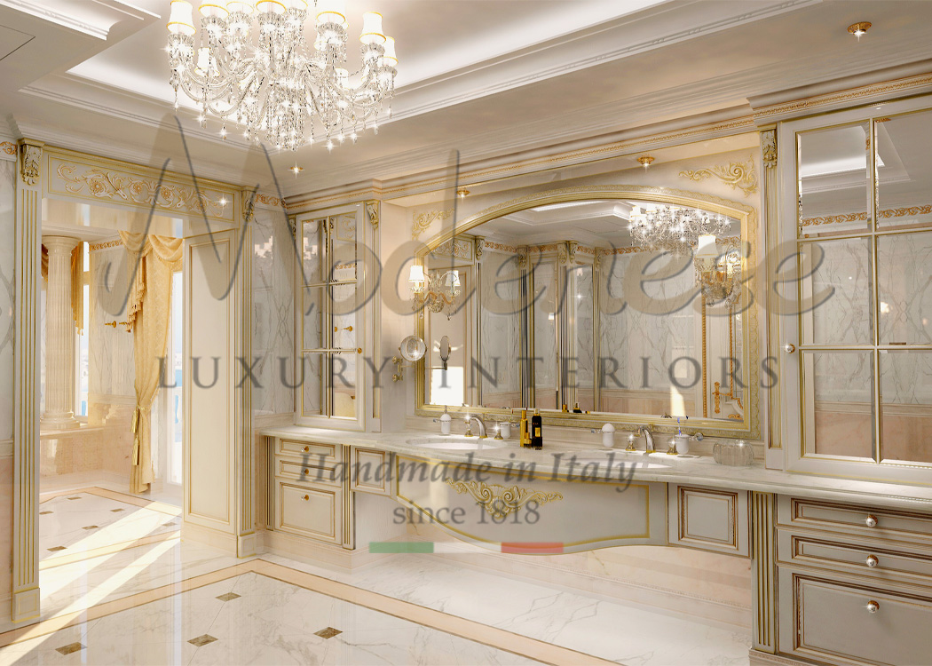 Classic white Modenese bathroom design with elegant gold leaf details