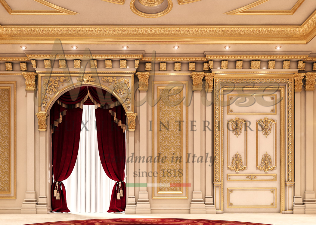 Modenese gold leaf details and decoration on walls with red curtains for royal palace interior design