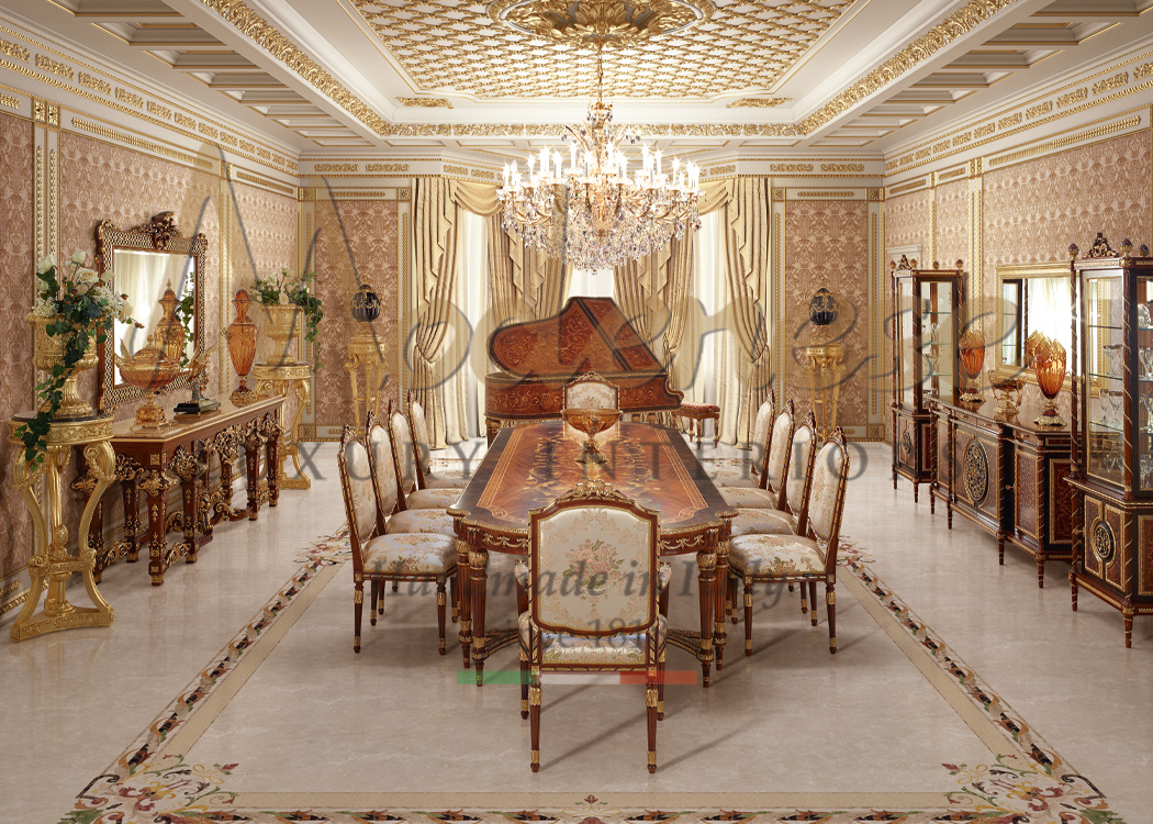 Classic Modenese hand carved and inlaid dining room furniture with luxury piano