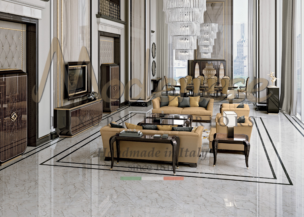 Marble floor design for a contemporary living room by Modenese Interiors