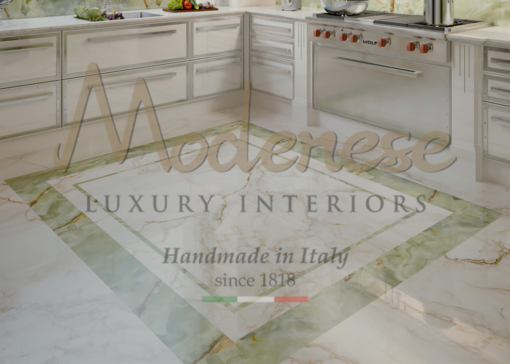 White and green marble design combination for the Modenese Luxury Interiors kitchens and rooms