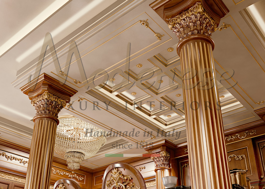 Classic walnut columns with gold leaf decorations and white ceiling design for Modenese interior design projects