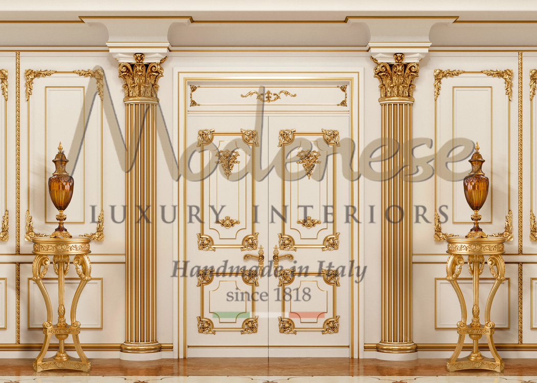 Luxury white doors and columns with gold leaf details by Modenese Luxury Interiors