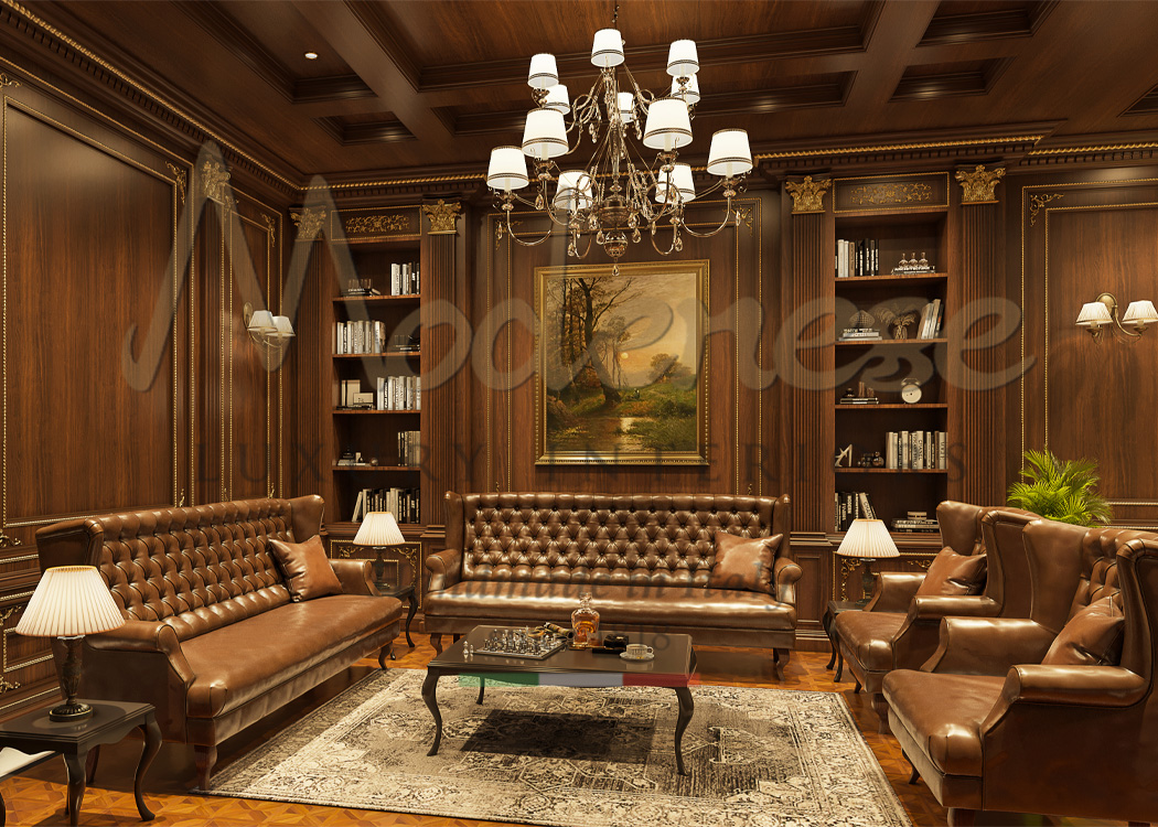 Modenese brown leather sofas and classic walnut wood decoration for a cigar lounge design project