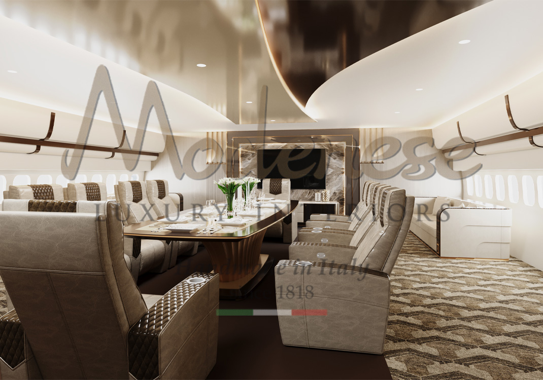 Contemporary private jet interior design with dark rectangular table and grey leather armchairs Modenese interiors