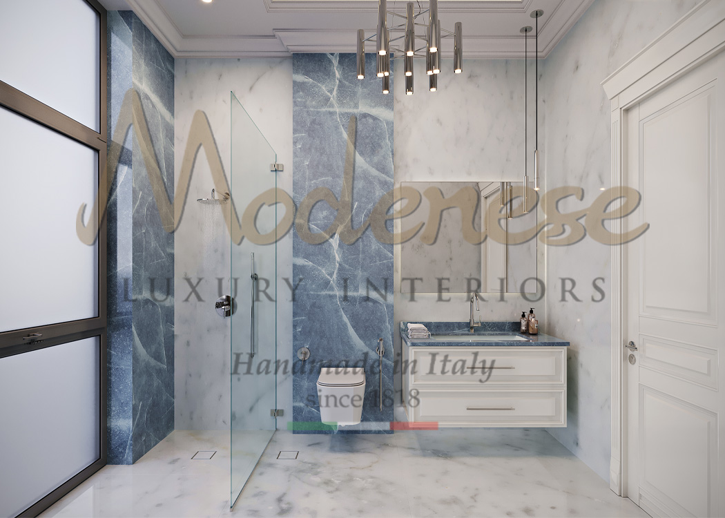 Modenese contemporary white and blue marble master bathroom for interior design projects