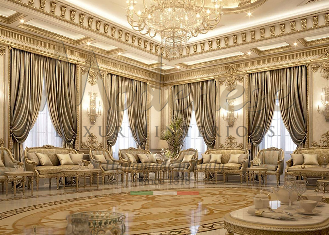 Modenese living room with luxury curtains in gold color that match the sofas armchairs and room details