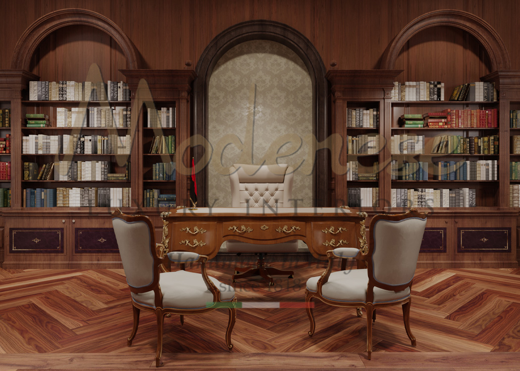 Baroque walnut desk white leather armchairs and chairs for Modenese Interiors home office project