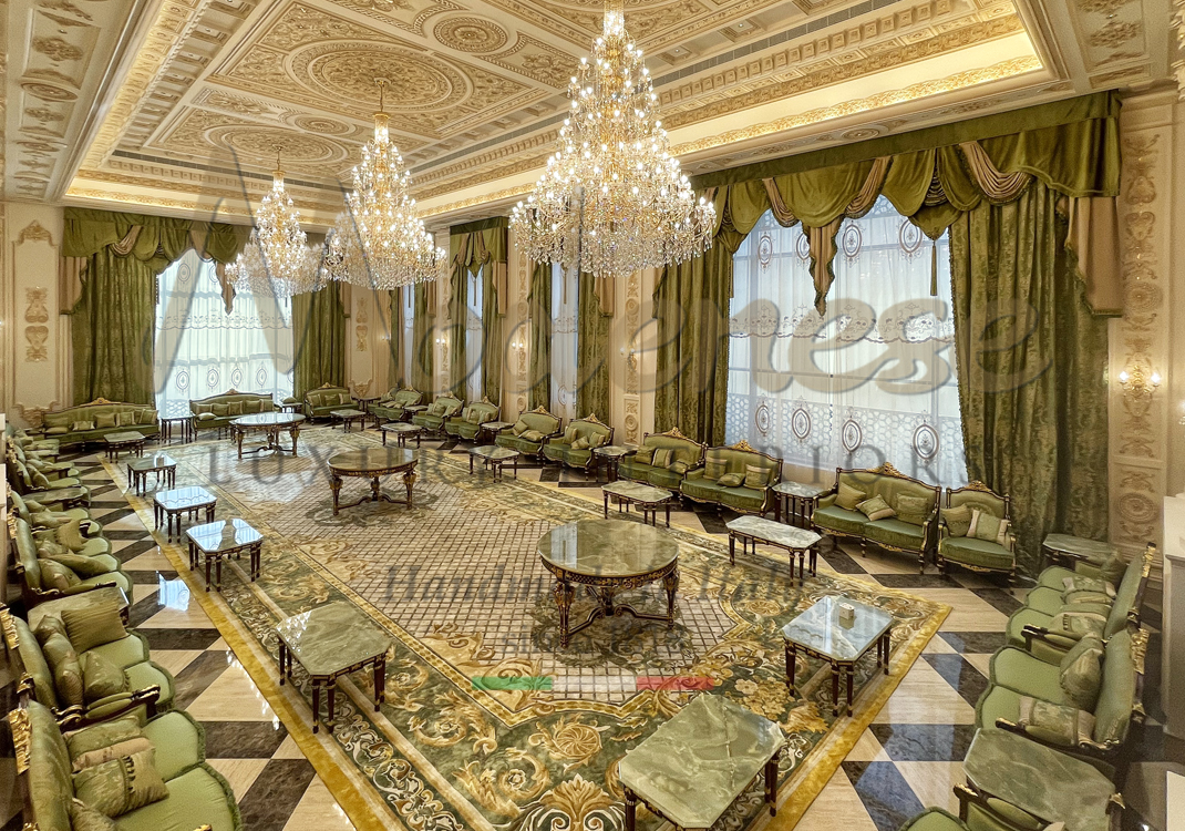 Modenese custom made green and gold carpet green fabric sofas armchairs green marble tables green curtains chandeliers