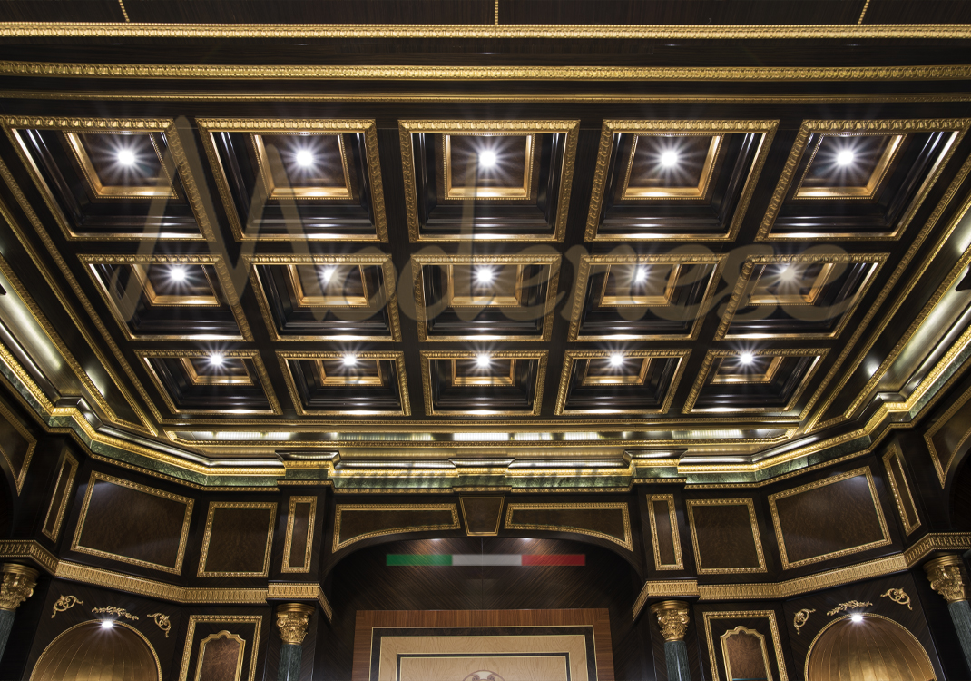 Black and gold Modenese coffered ceiling design with lighting