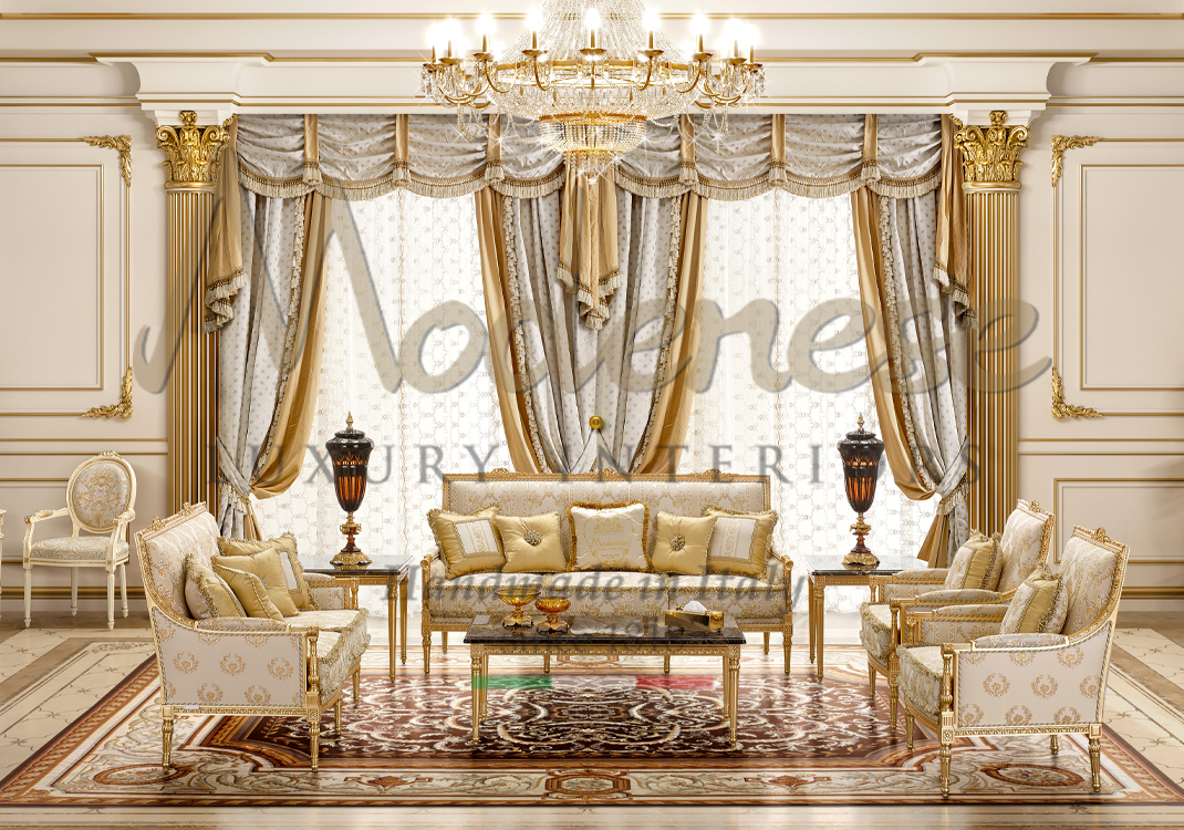 White and gold sofas and armchairs with cream fabric curtains and marble top coffee table by Modenese