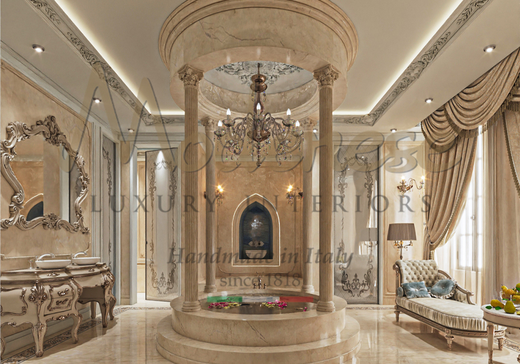 Marble central round bath with columns and chandelier classic style sink and mirror Modenese interiors