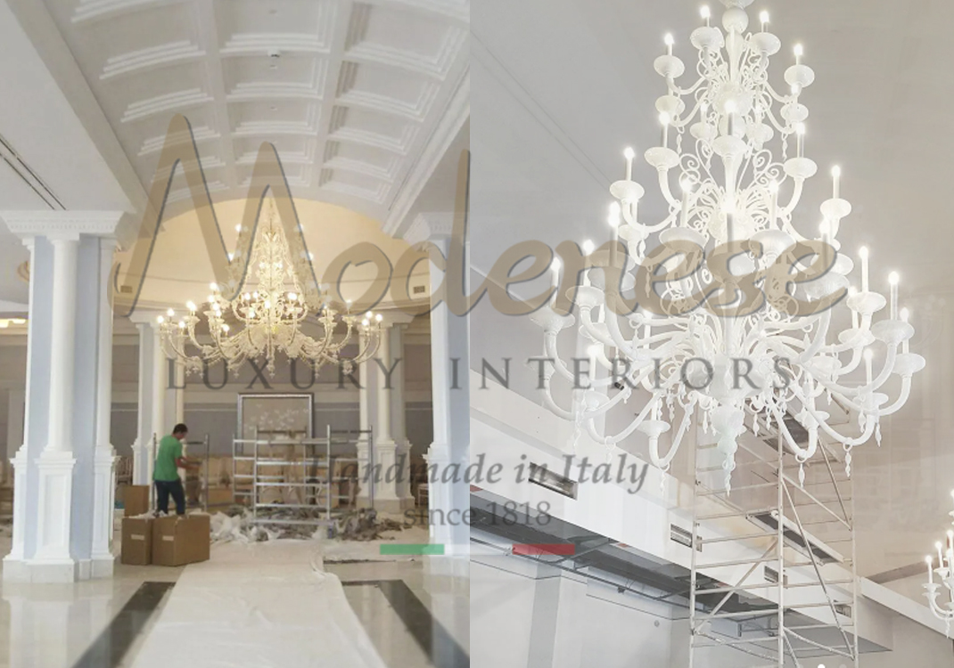 White crystal chandelier for Modenese interior design projects and lighting decoration