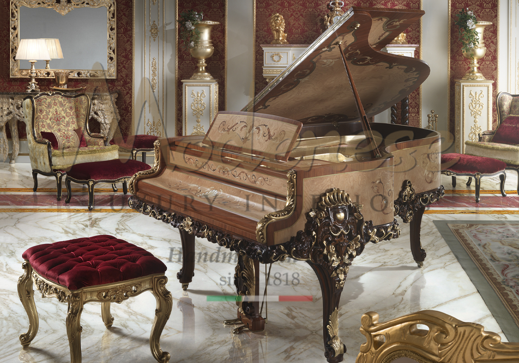 Hand carved classic style gold leaf inlaid decorations Modenese piano with red fabric upholstered capitonné pouf