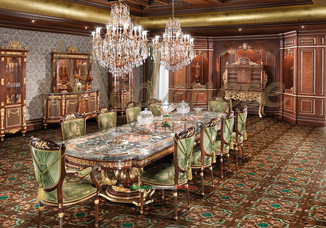 Modenese classic style dining room with 10 green fabric patterned chairs and luxury hand carved table with inlaid marble top and gold leaf details 2 chandeliers sideboards and mirrors