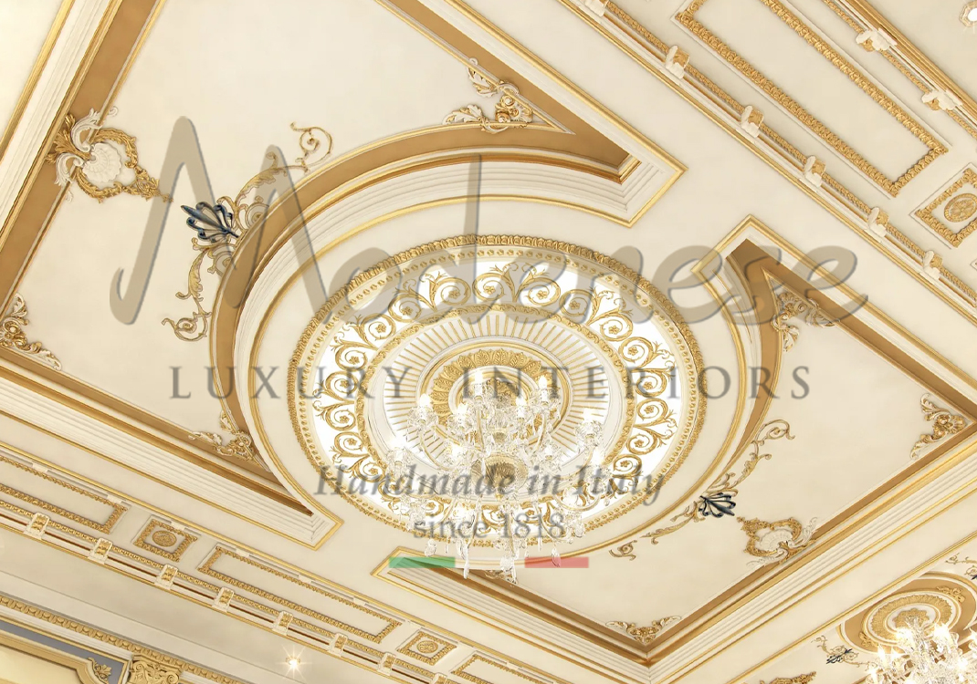 Gold leaf Modenese round ceiling decoration with chandelier and lightings