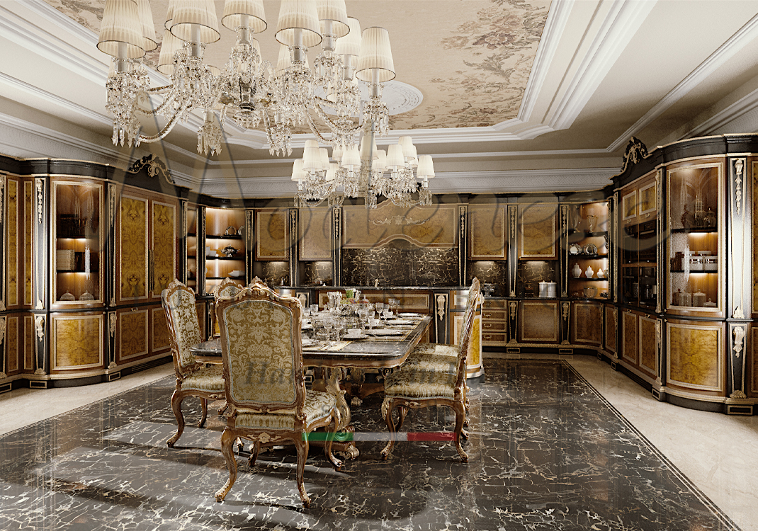 Classic briar and dark walnut kitchen with brown marble and Modenese handcarved dining table with cream patterned fabric and leaf details