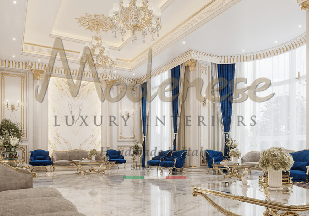 Blue fabric upholstered classic style armchairs blue fabric curtains gold leaf tables marble floors Modenese villa fitout